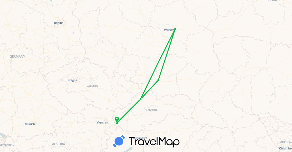 TravelMap itinerary: driving, bus in Poland, Slovakia (Europe)